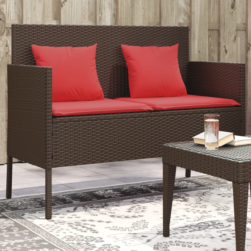 vidaXL Patio Bench with Cushions Outdoor Loveseat Poly Rattan Brown/Gray/Black-6