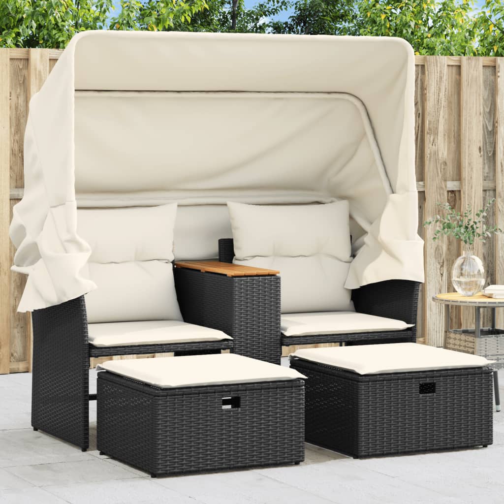 vidaXL Patio Sofa 2-Seater with Canopy and Stools Black Poly Rattan-0