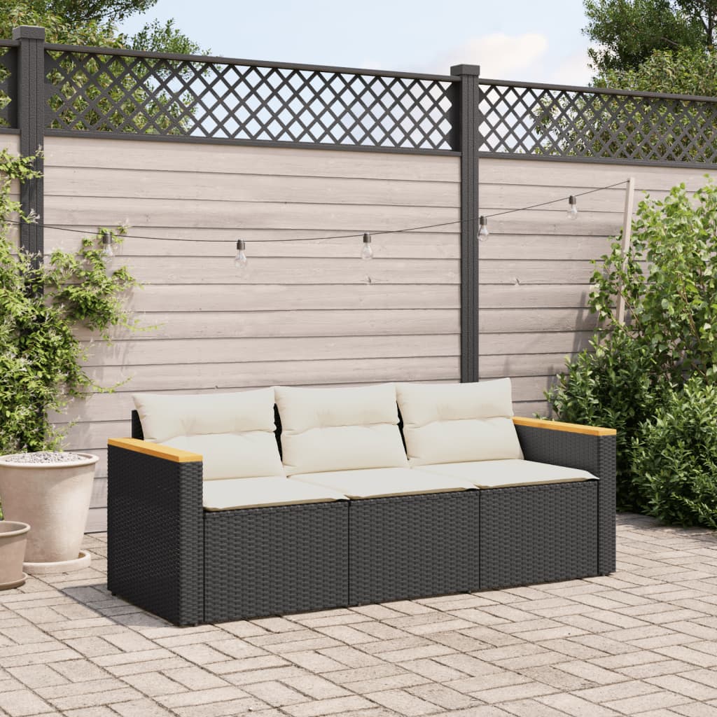 vidaXL Patio Sofa with Cushions 3-Seater Black Poly Rattan-4