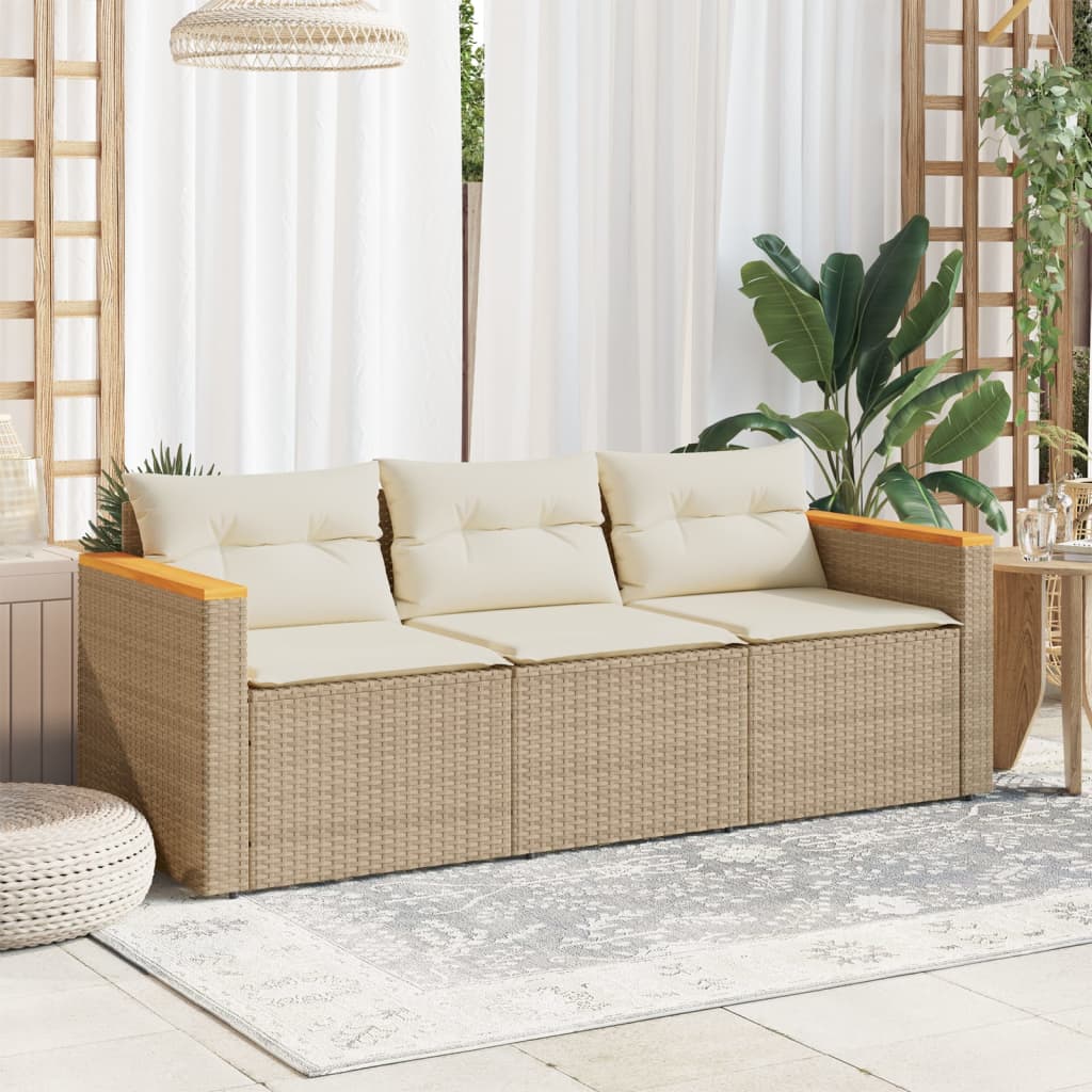 vidaXL Patio Sofa with Cushions 3-Seater Beige Poly Rattan-3