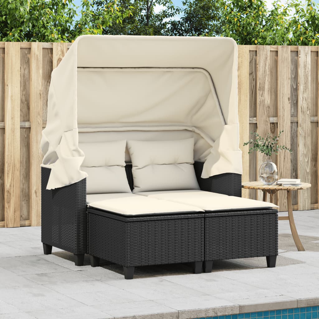 vidaXL Patio Sofa 2-Seater with Canopy and Stools Black Poly Rattan-1