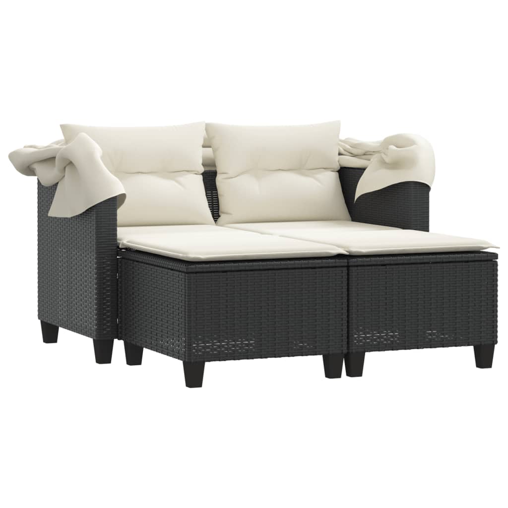 vidaXL Patio Sofa 2-Seater with Canopy and Stools Black Poly Rattan-3