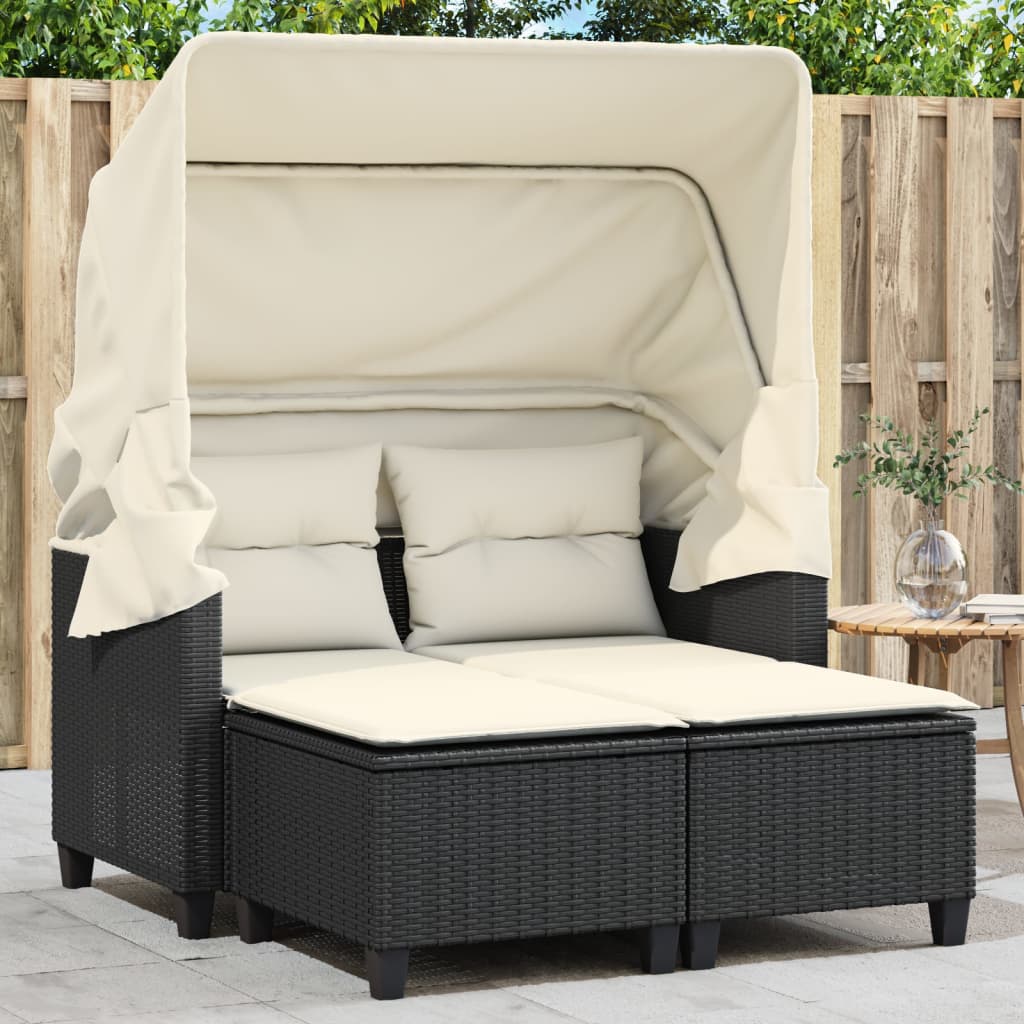 vidaXL Patio Sofa 2-Seater with Canopy and Stools Black Poly Rattan-0