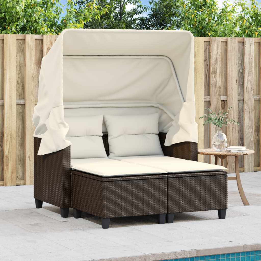 vidaXL Patio Sofa 2-Seater with Canopy and Stools Brown Poly Rattan-1