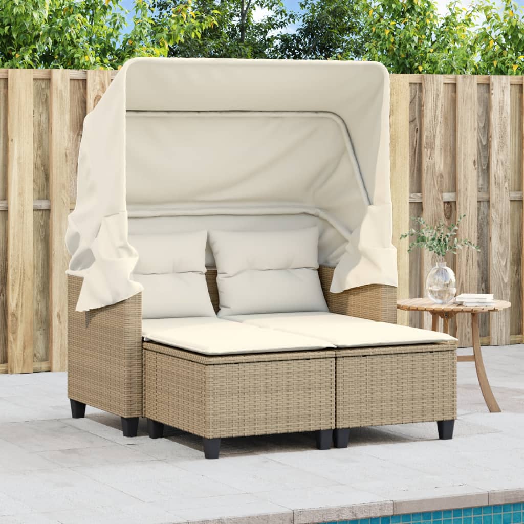 vidaXL Patio Sofa 2-Seater with Canopy and Stools Beige Poly Rattan-1