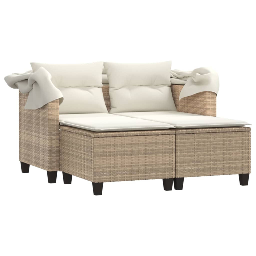 vidaXL Patio Sofa 2-Seater with Canopy and Stools Beige Poly Rattan-3