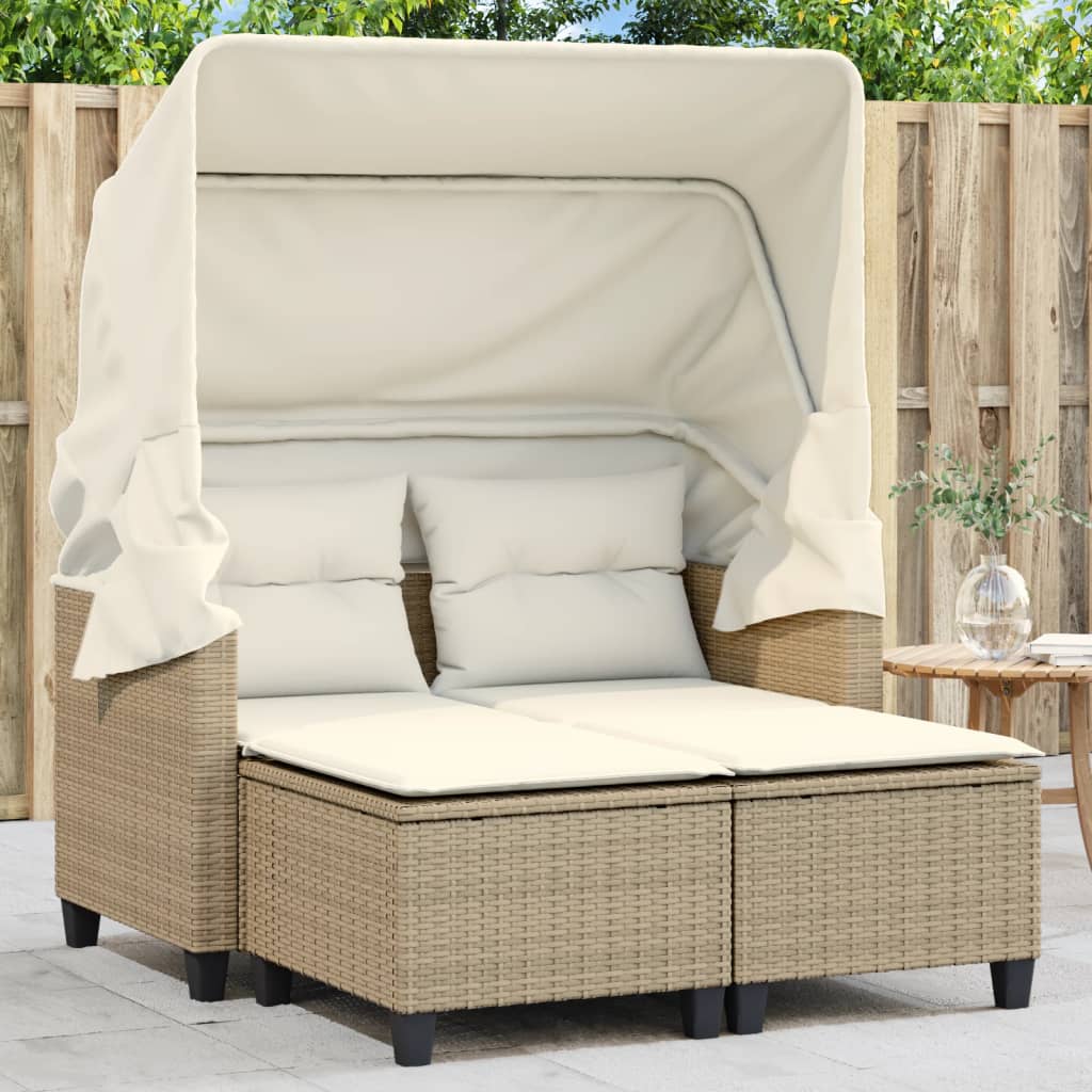 vidaXL Patio Sofa 2-Seater with Canopy and Stools Beige Poly Rattan-0