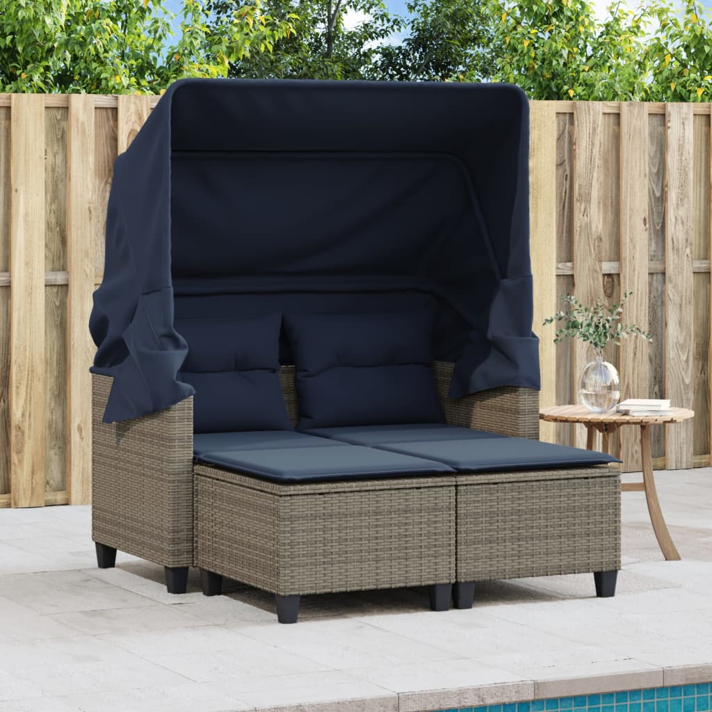 vidaXL Patio Sofa 2-Seater with Canopy and Stools Gray Poly Rattan-1