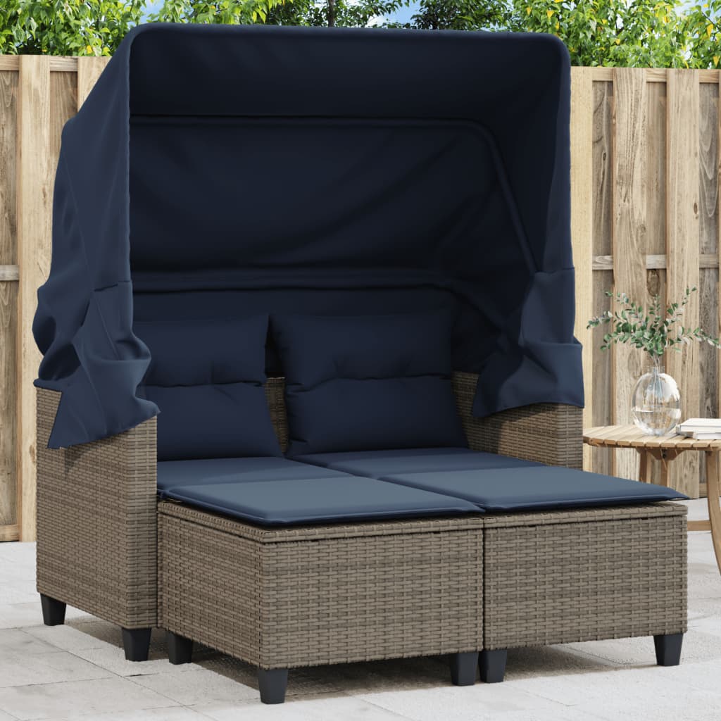 vidaXL Patio Sofa 2-Seater with Canopy and Stools Gray Poly Rattan-0