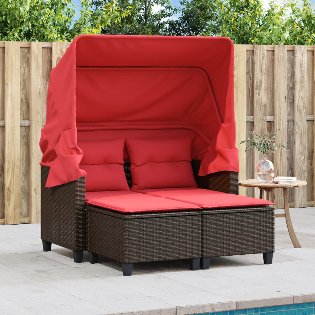 vidaXL Patio Sofa 2-Seater with Canopy and Stools Brown Poly Rattan-2