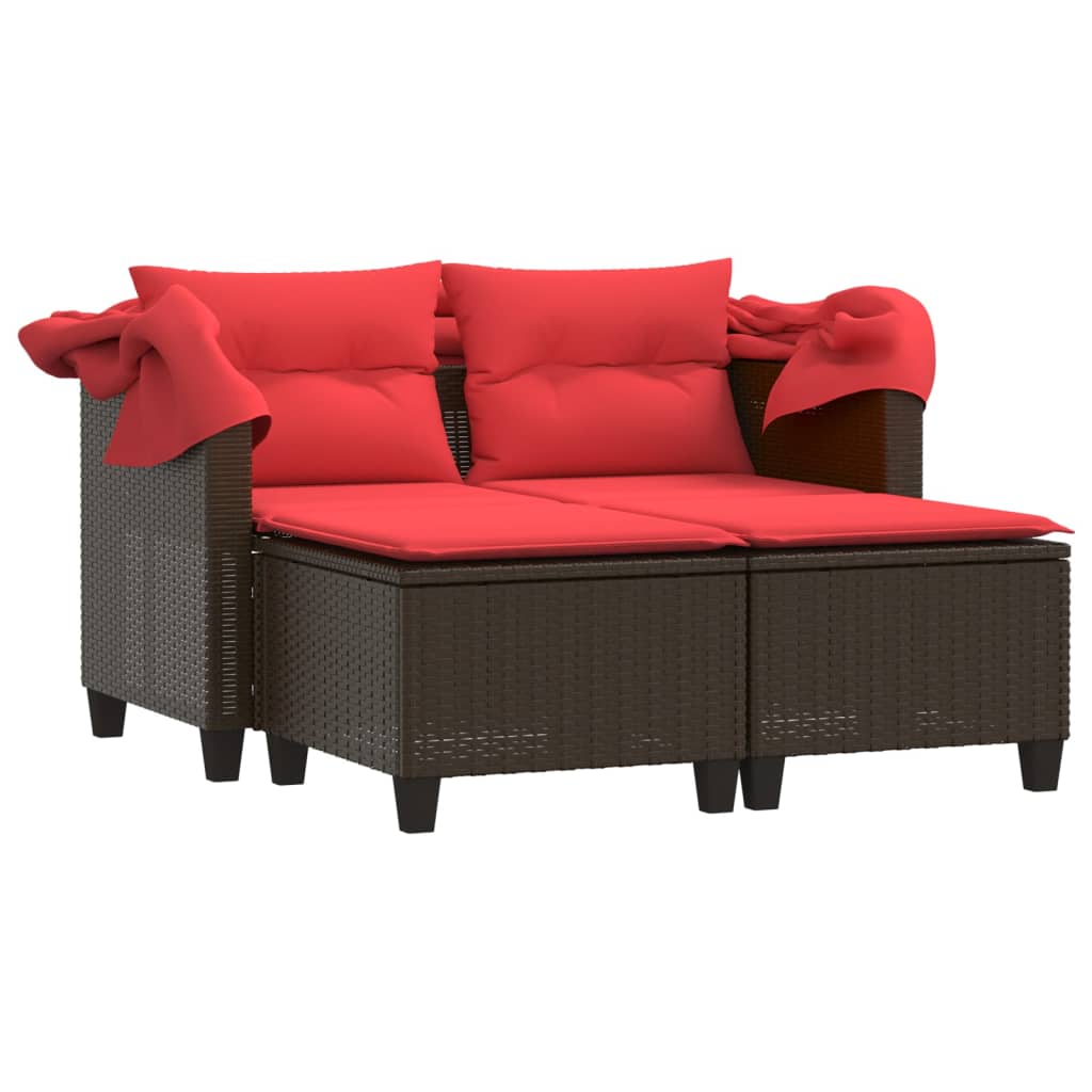 vidaXL Patio Sofa 2-Seater with Canopy and Stools Brown Poly Rattan-3