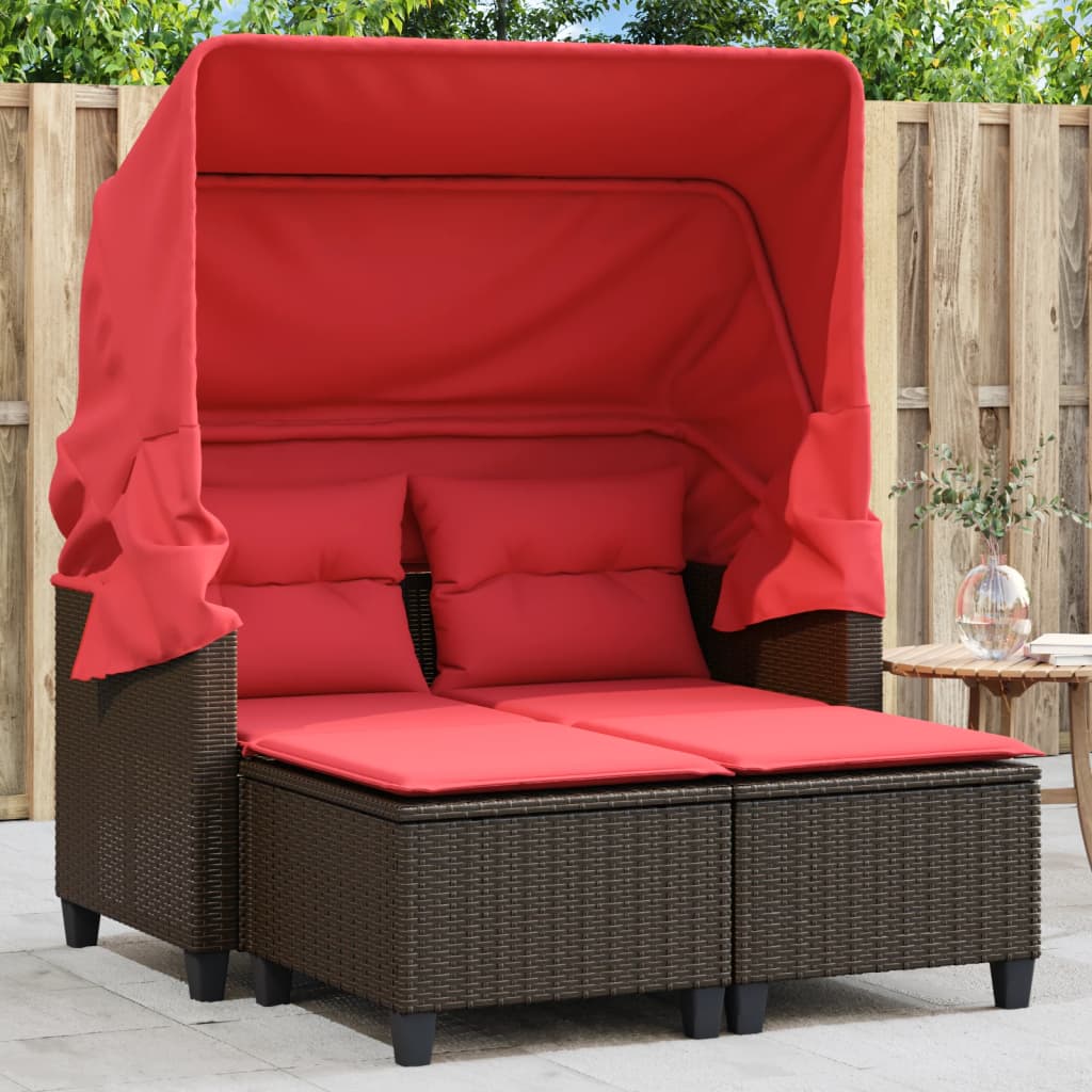 vidaXL Patio Sofa 2-Seater with Canopy and Stools Brown Poly Rattan-0