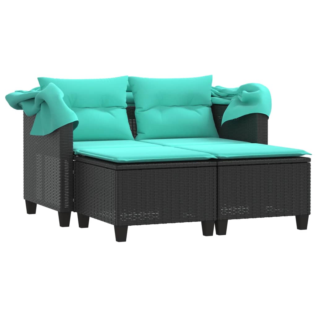 vidaXL Patio Sofa 2-Seater with Canopy and Stools Black Poly Rattan-1