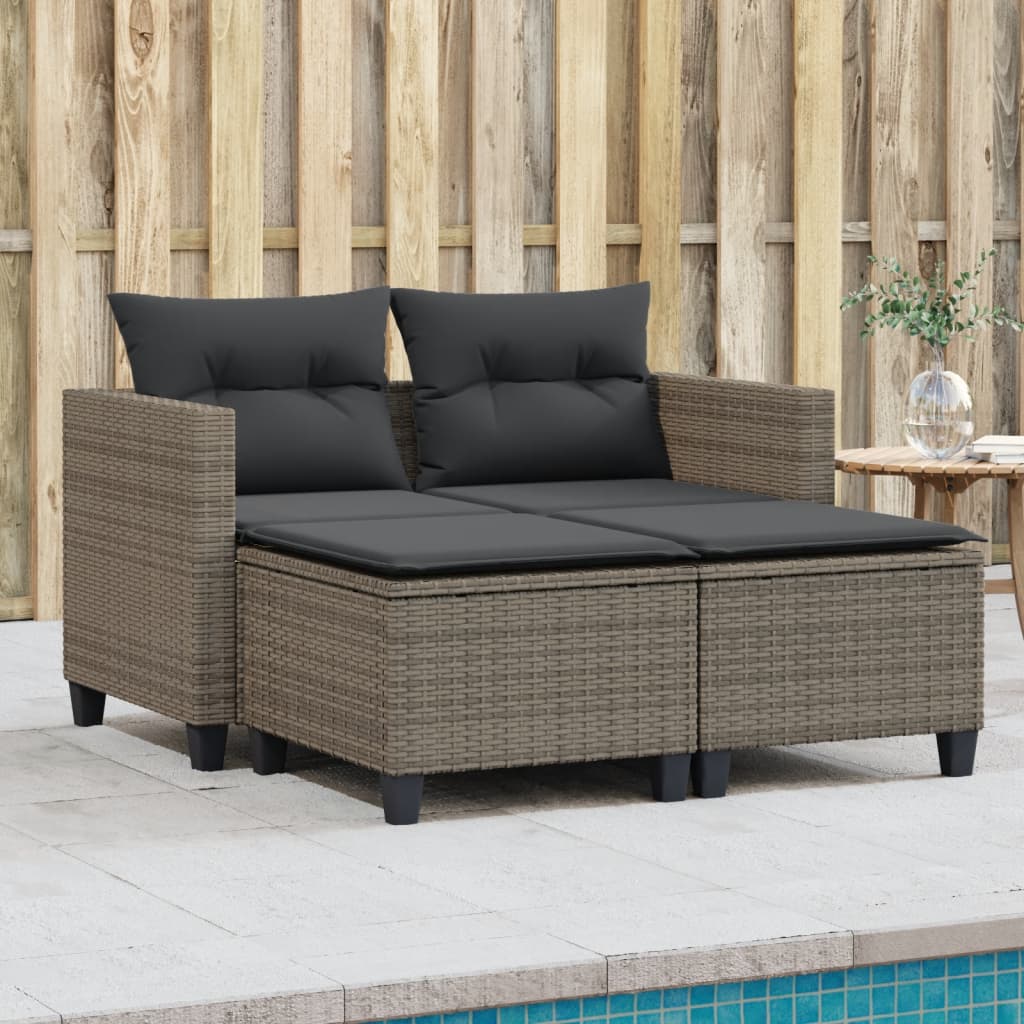 vidaXL Patio Sofa 2-Seater with Stools Gray Poly Rattan-1