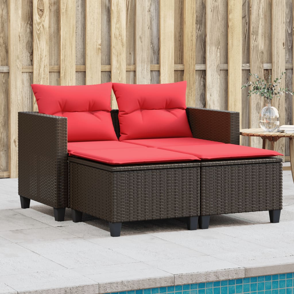 vidaXL Patio Sofa 2-Seater with Stools Outdoor Poly Rattan Brown/Gray/Black-0