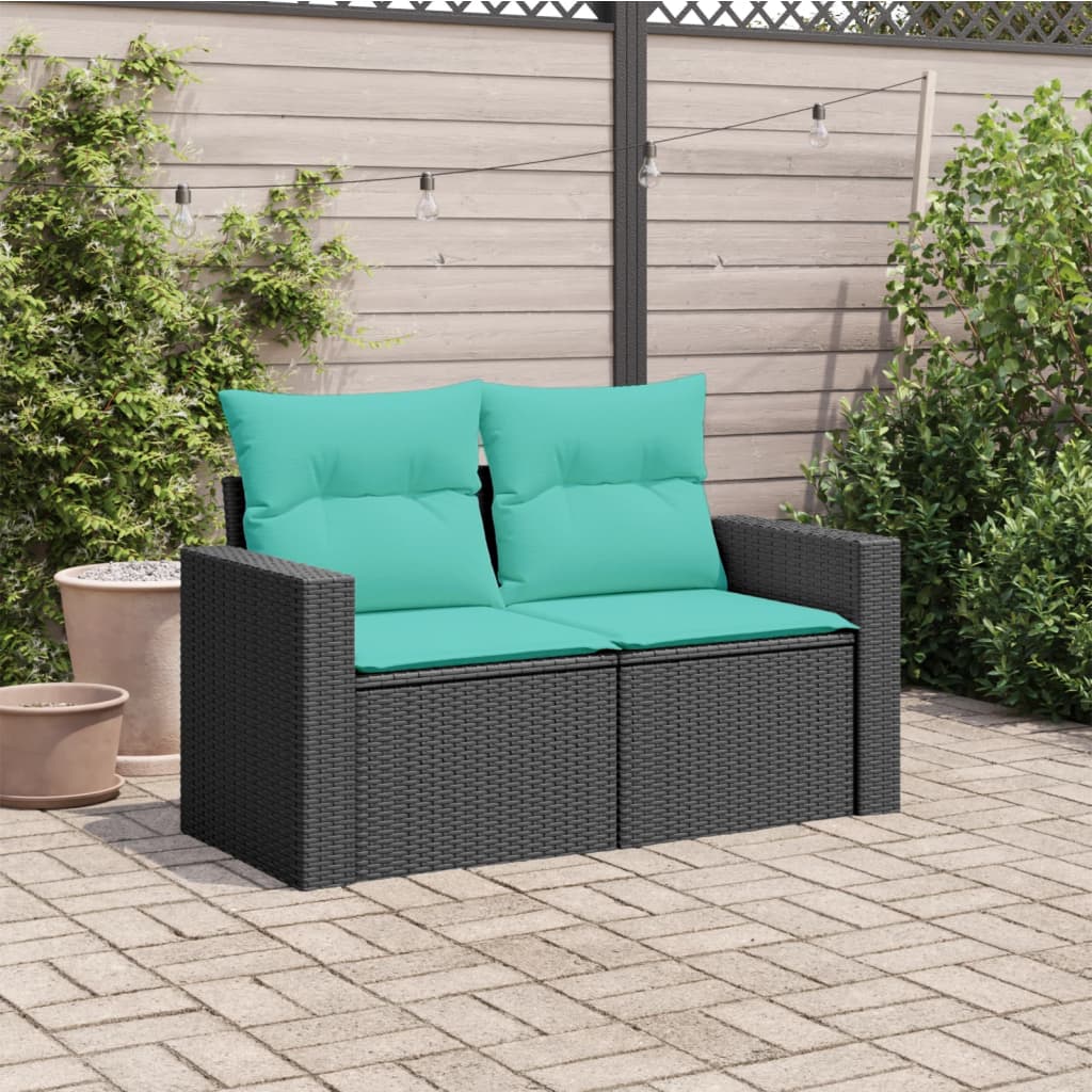 vidaXL Patio Sofa with Cushions 2-Seater Black Poly Rattan-1