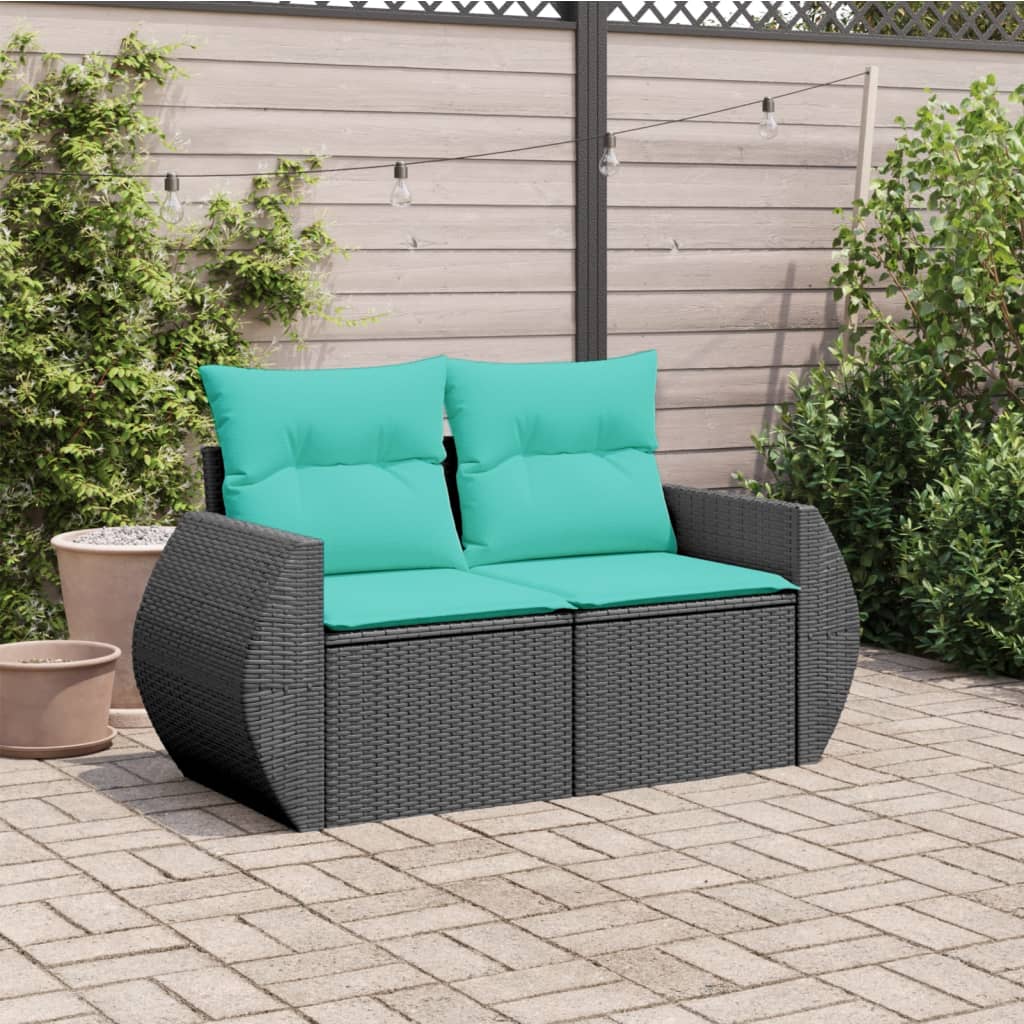 vidaXL Patio Sofa with Cushions 2-Seater Black Poly Rattan-1