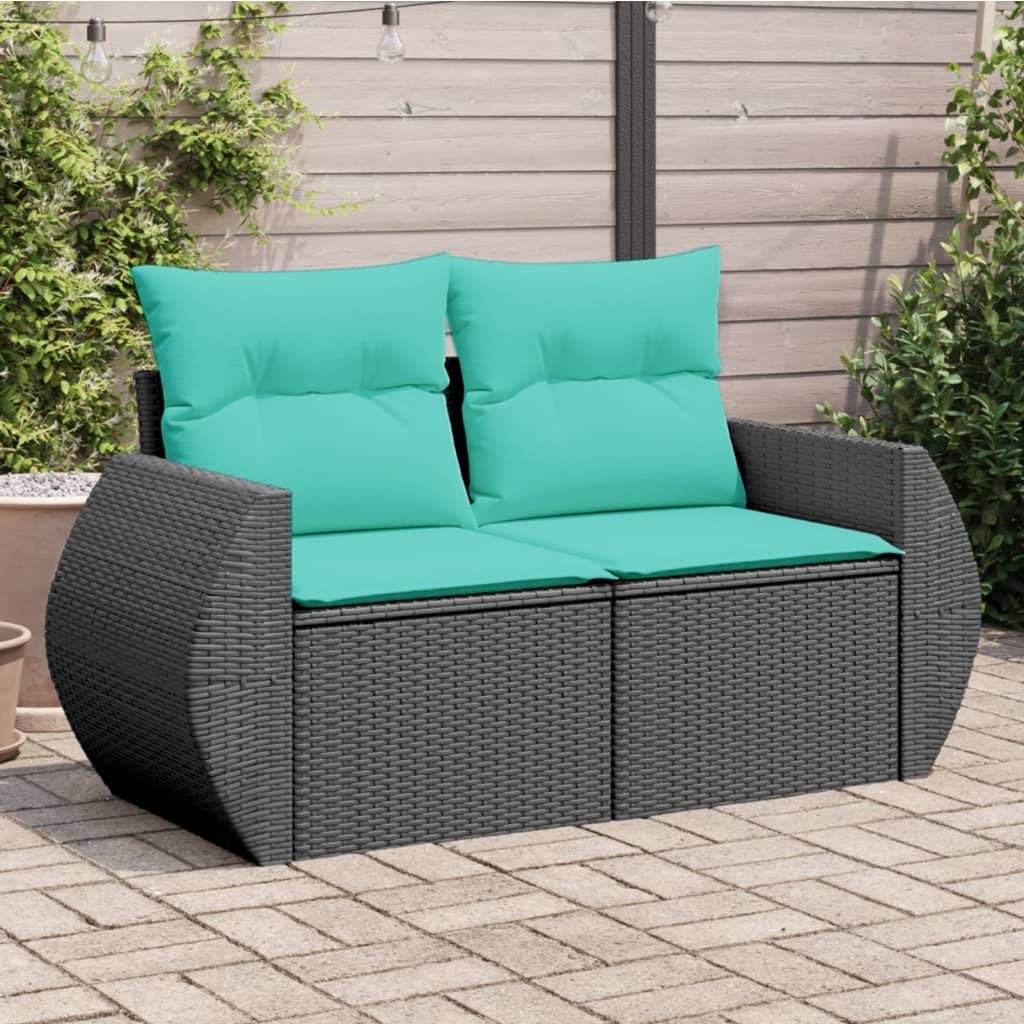 vidaXL Patio Sofa with Cushions 2-Seater Black Poly Rattan-0