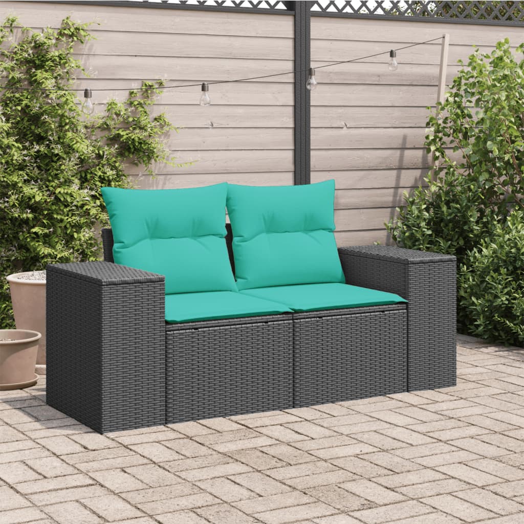 vidaXL Patio Sofa with Cushions 2-Seater Black Poly Rattan-0