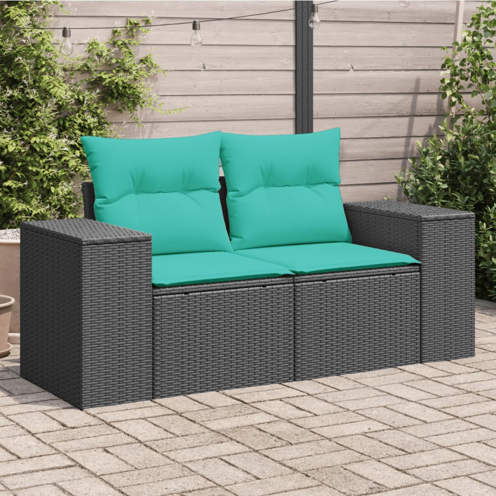 vidaXL Patio Sofa with Cushions 2-Seater Black Poly Rattan-5