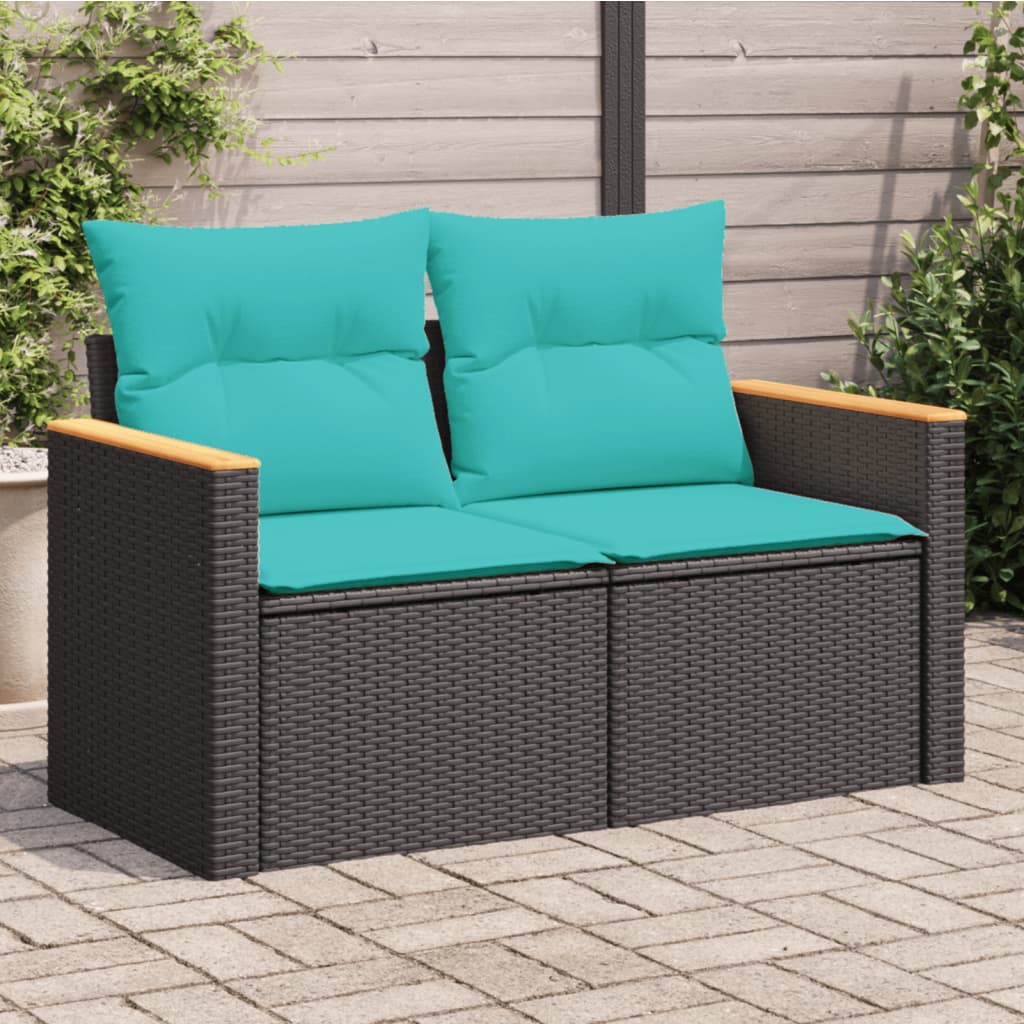 vidaXL Patio Sofa with Cushions 2-Seater Black Poly Rattan-0