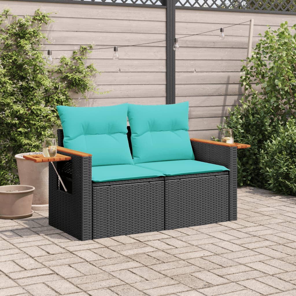 vidaXL Patio Sofa with Cushions 2-Seater Black Poly Rattan-1