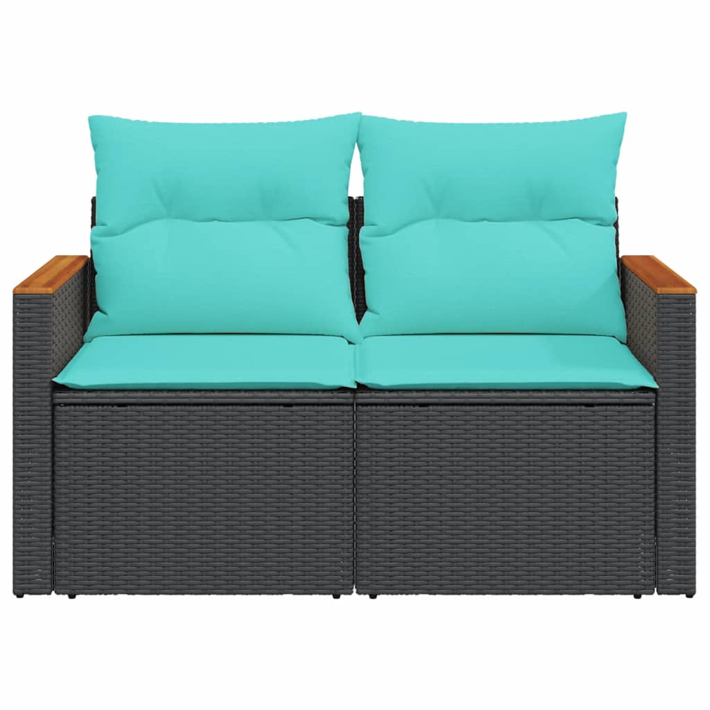 vidaXL Patio Sofa with Cushions 2-Seater Black Poly Rattan-3