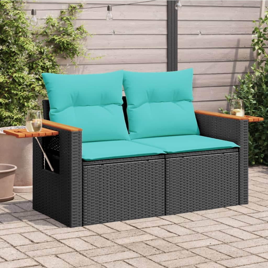 vidaXL Patio Sofa with Cushions 2-Seater Black Poly Rattan-0