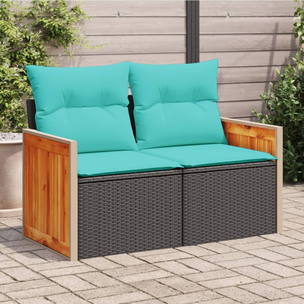 vidaXL Patio Sofa with Cushions 2-Seater Black Poly Rattan-0