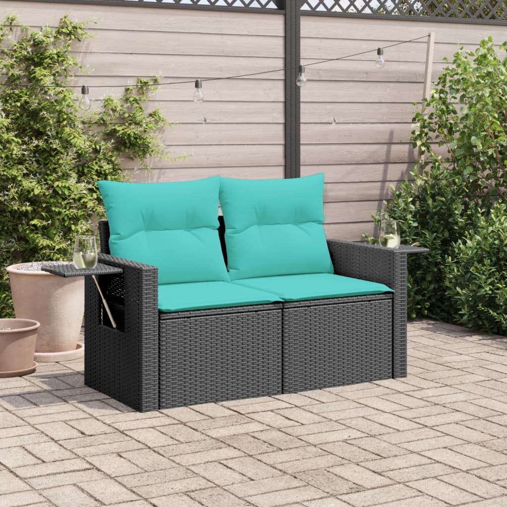 vidaXL Patio Sofa with Cushions 2-Seater Black Poly Rattan-1