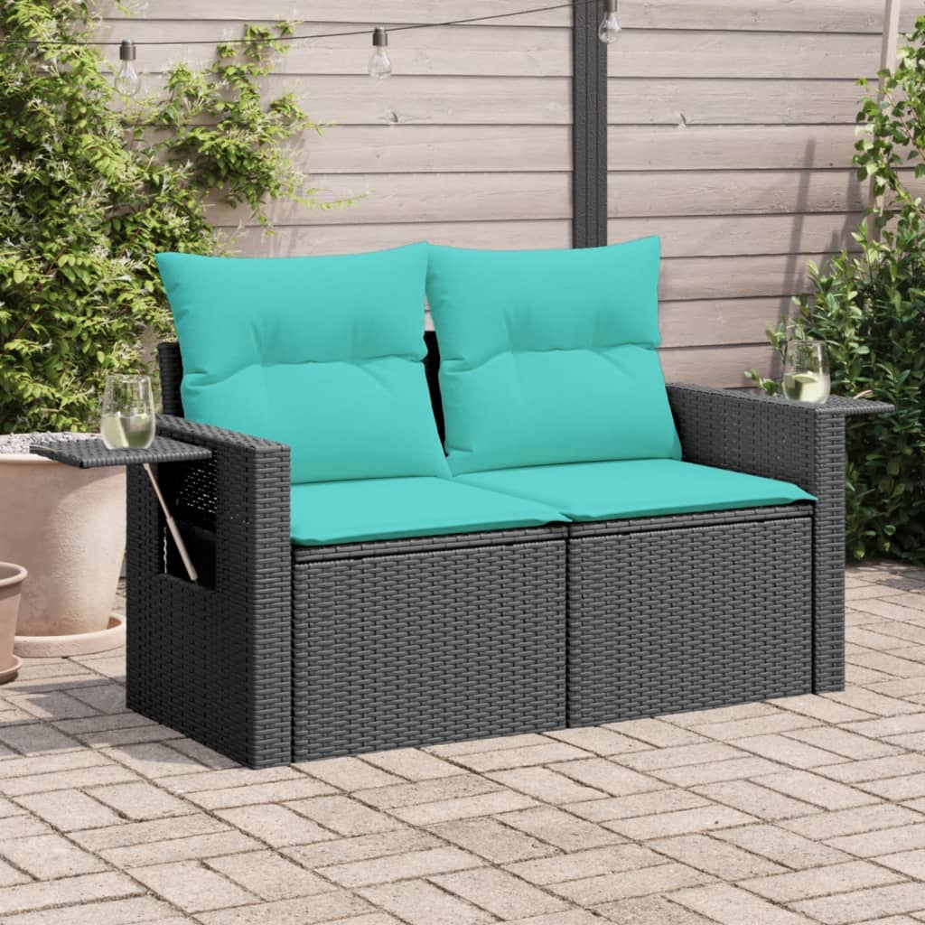 vidaXL Patio Sofa with Cushions 2-Seater Black Poly Rattan-0