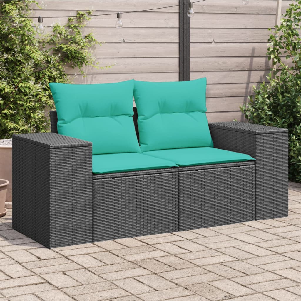 vidaXL Patio Sofa with Cushions 2-Seater Black Poly Rattan-0