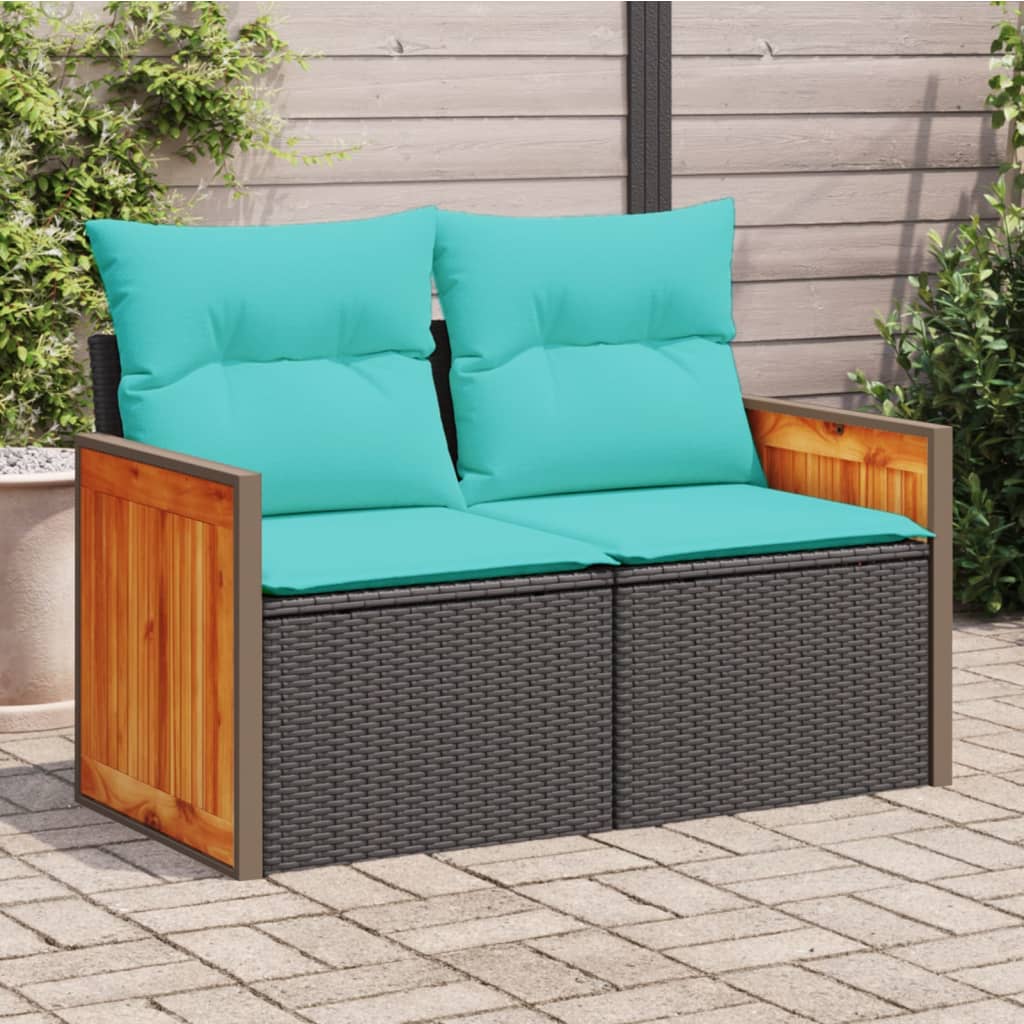 vidaXL Patio Sofa with Cushions 2-Seater Black Poly Rattan-0