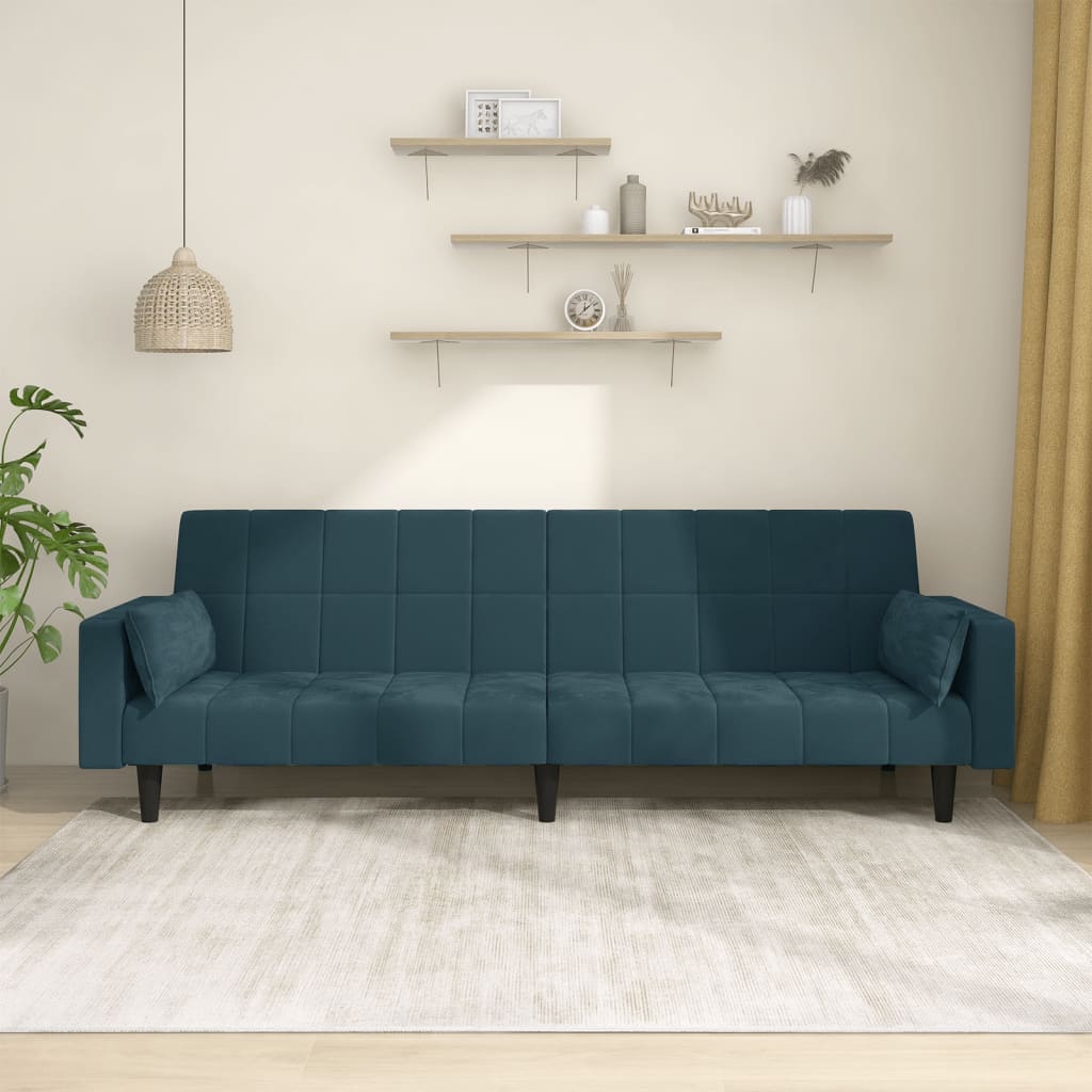 vidaXL 2-Seater Sofa Bed with Two Pillows Blue Velvet-0
