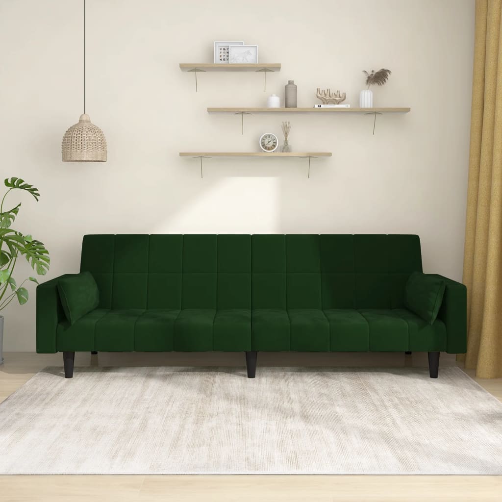 vidaXL 2-Seater Sofa Bed with Two Pillows Dark Green Velvet-0