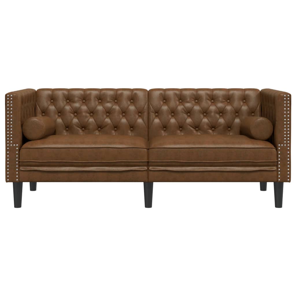 vidaXL Chesterfield Sofa with Bolsters 2-Seater Brown Faux Suede Leather-3