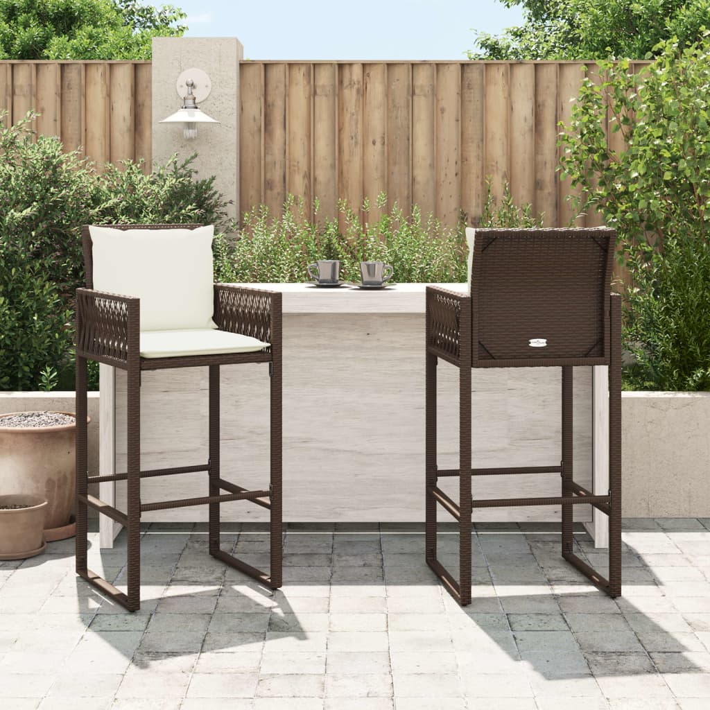 vidaXL Patio Bar Stools with Cushions 2 pcs Brown Poly Rattan-1