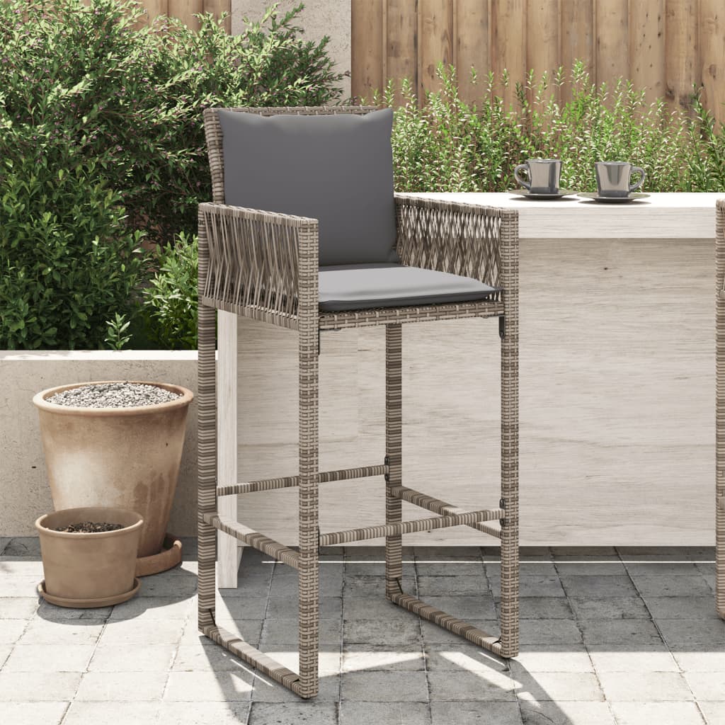 vidaXL Patio Bar Stools with Cushions 2 pcs Gray Poly Rattan-0