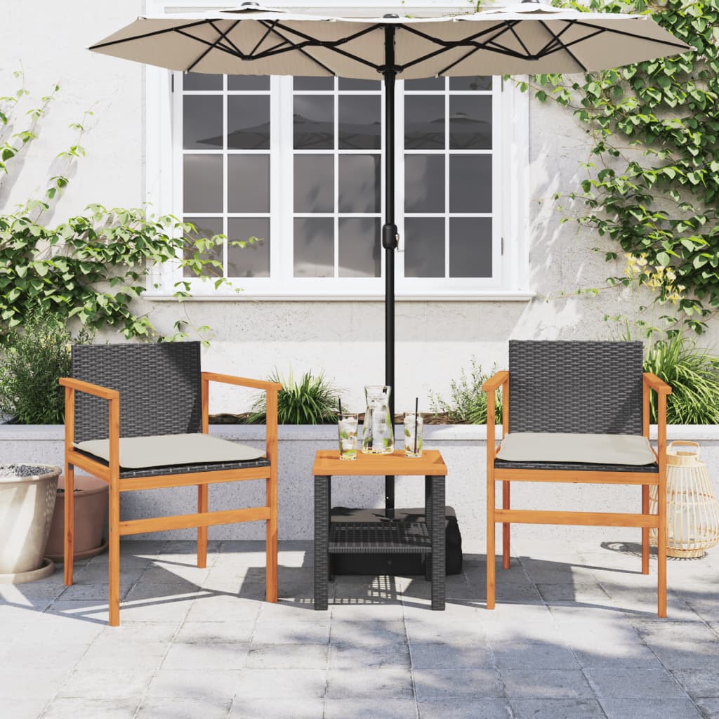 vidaXL Patio Chairs with Cushions 2 pcs Black Poly Rattan&Solid Wood-1