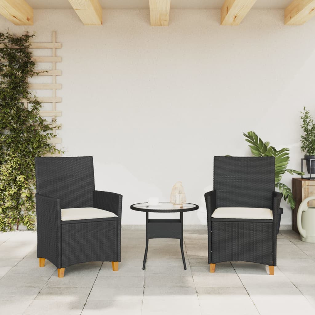 vidaXL Patio Chairs with Cushions 2 pcs Black Poly Rattan&Solid Wood-1