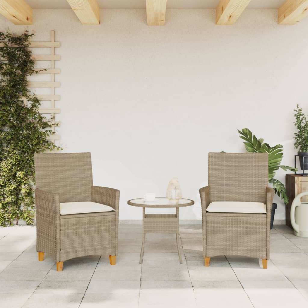 vidaXL Patio Chairs with Cushions 2 pcs Beige Poly Rattan&Solid Wood-1