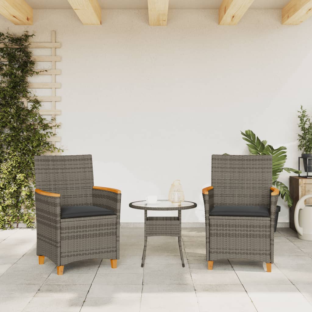 vidaXL Patio Chairs with Cushions 2 pcs Gray Poly Rattan&Solid Wood-1