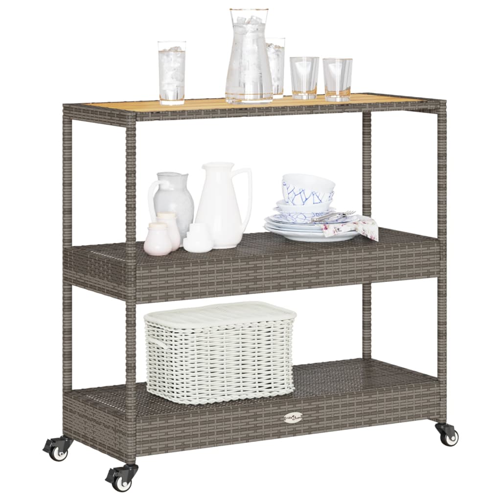 vidaXL Bar Cart 3-Tier Drink Trolley Kitchen Poly Rattan and Solid Wood Acacia-2