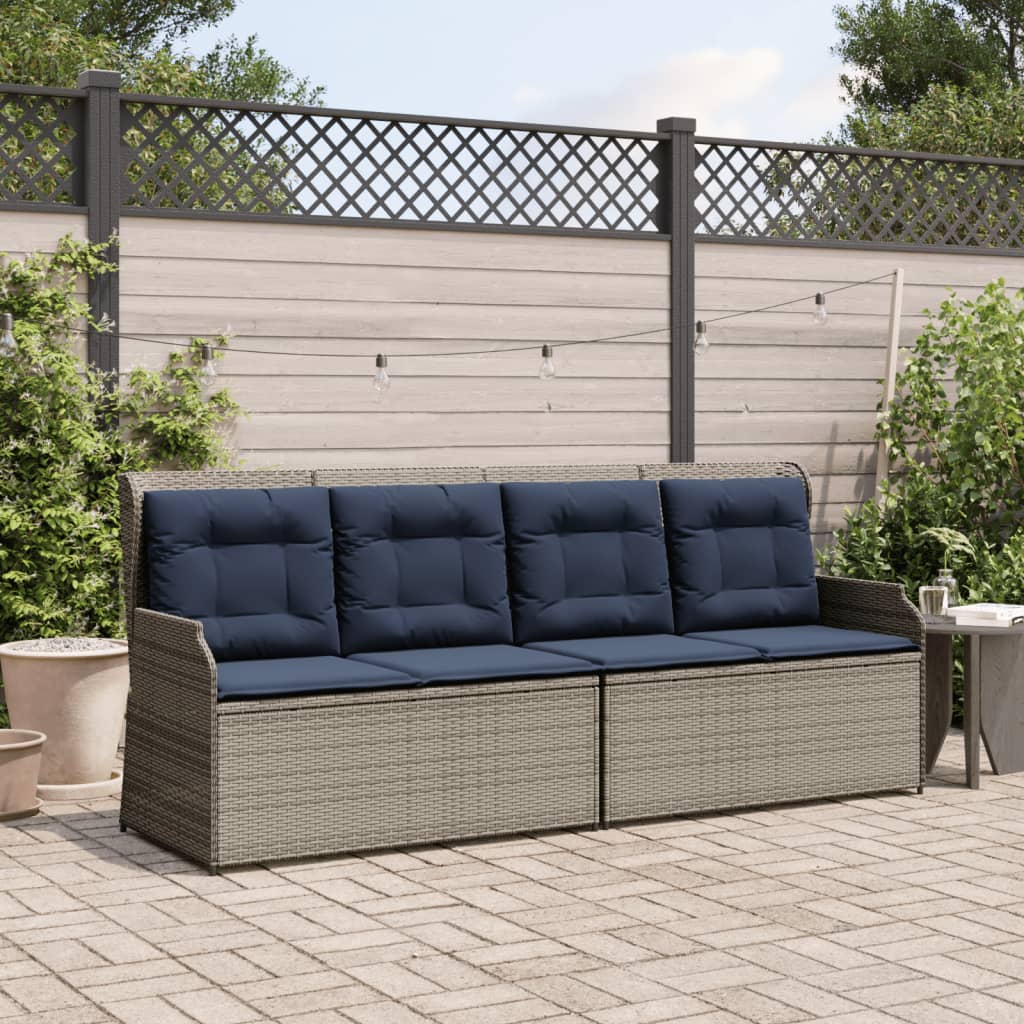 vidaXL Reclining Patio Bench with Cushions Gray Poly Rattan-2