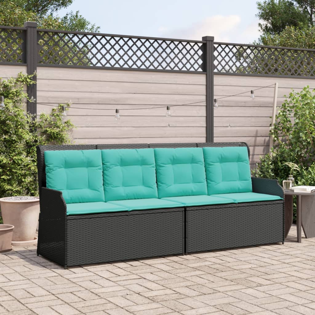 vidaXL Reclining Patio Bench with Cushions Black Poly Rattan-2