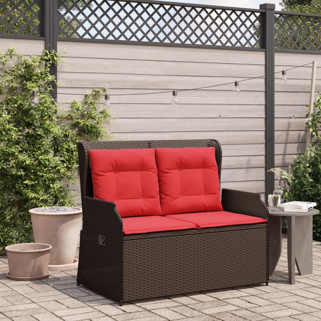 vidaXL Reclining Patio Bench with Cushions Brown Poly Rattan-2