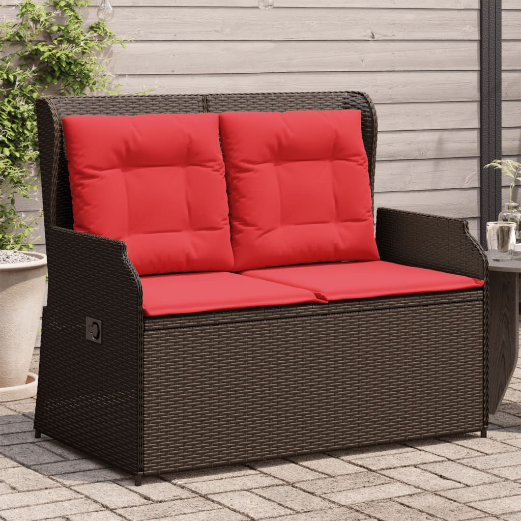 vidaXL Reclining Patio Bench with Cushions Brown Poly Rattan-0