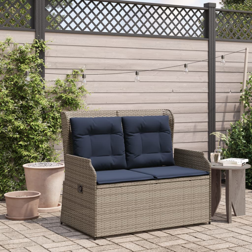 vidaXL Reclining Patio Bench with Cushions Gray Poly Rattan-2