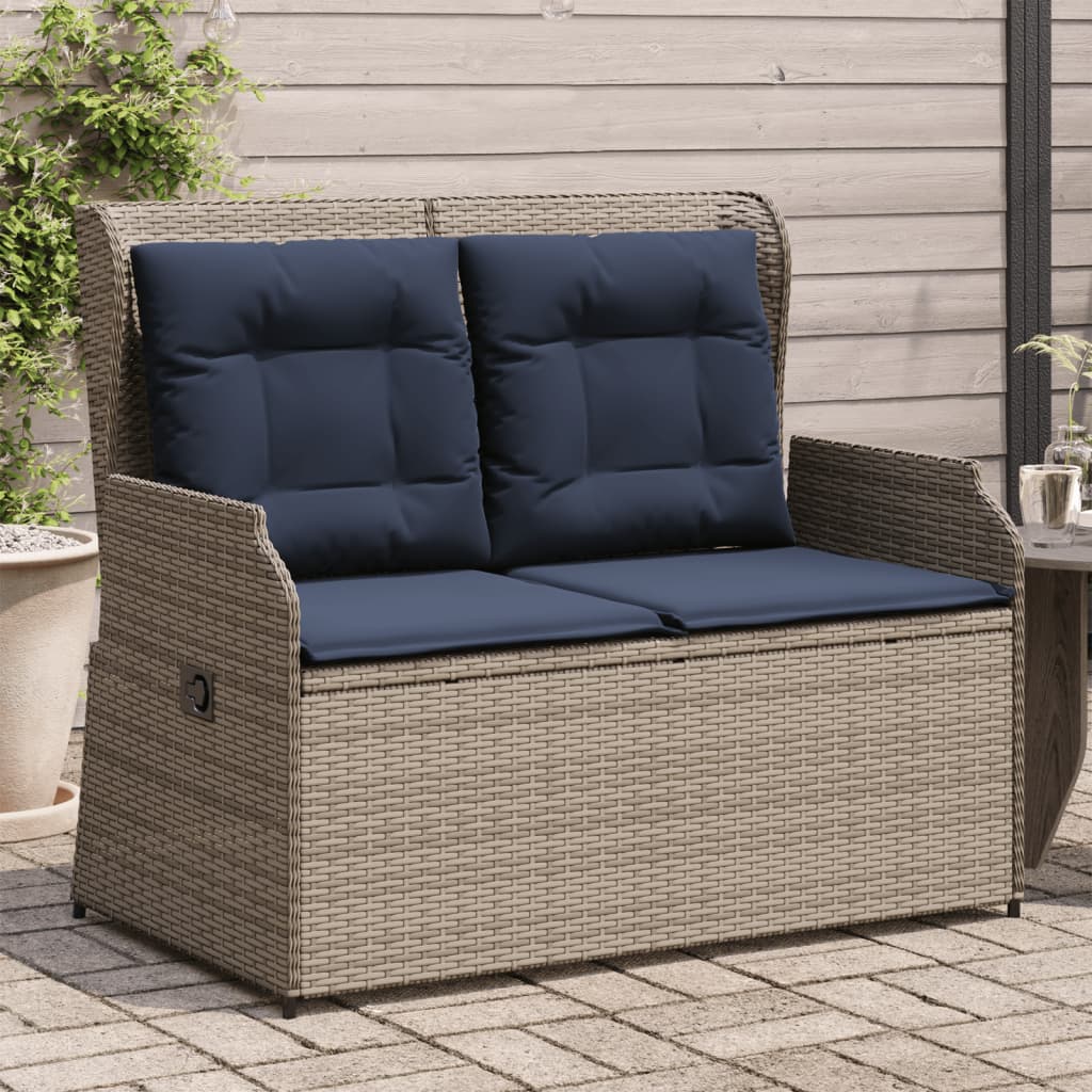 vidaXL Reclining Patio Bench with Cushions Gray Poly Rattan-0