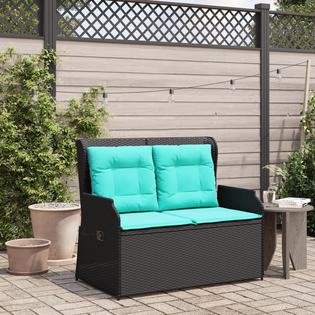 vidaXL Reclining Patio Bench with Cushions Black Poly Rattan-2